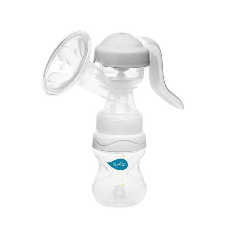 Nuvita, Materno Twist, laktator ręczny dwufazowy z obrotową rączka 270°, szary + butelka, 150 ml