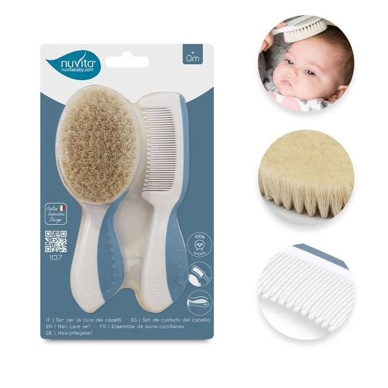Nuvita, zestaw na ciemieniuchę: szczotka i grzebień, naturalne włosie, powder blue
