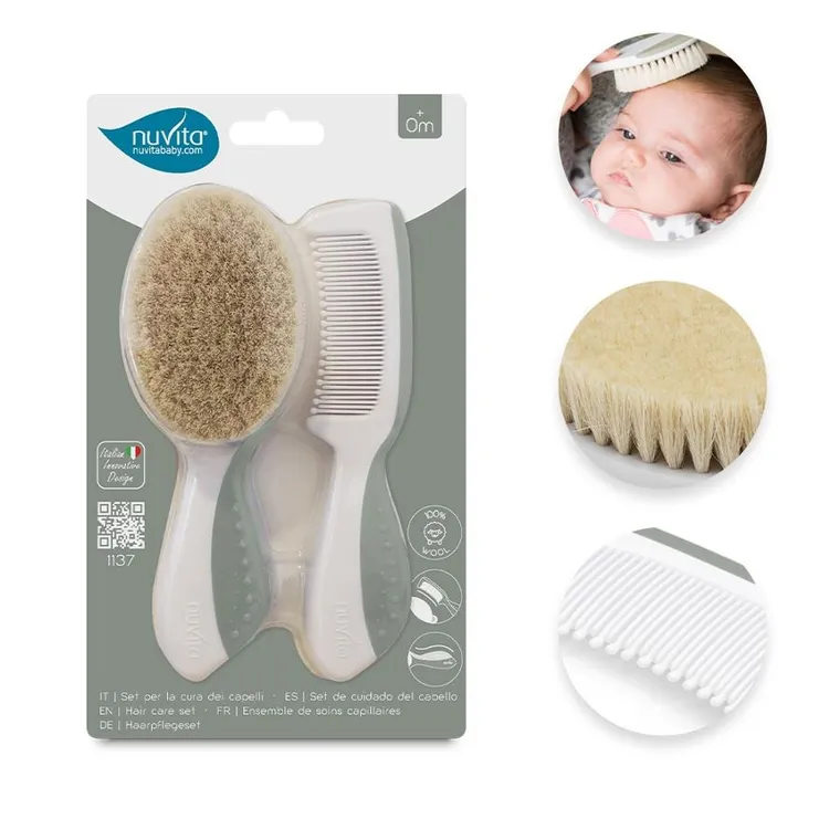 Nuvita, zestaw na ciemieniuchę: szczotka i grzebień, naturalne włosie, sage green