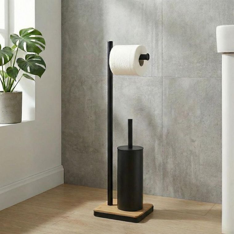 Nuxio, Ivlo, szczotka do WC z uchwytem na papier toaletowy i bambusową podstawką, 65 cm