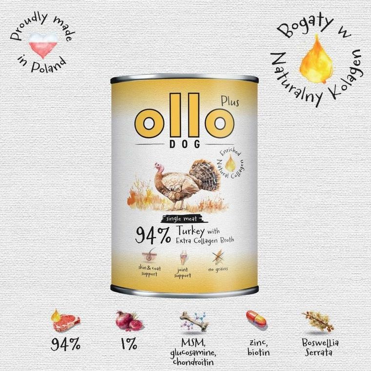 Ollo, Plus, Kolagen, indyk, mokra karma dla psów, 400g