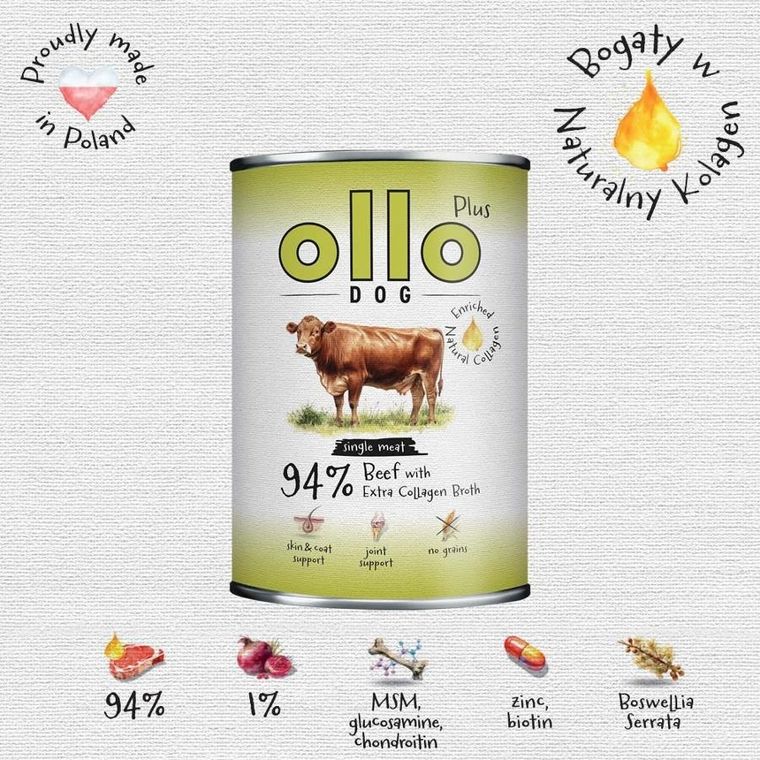 Ollo, Plus, Kolagen, wołowina, mokra karma dla psów, 400g