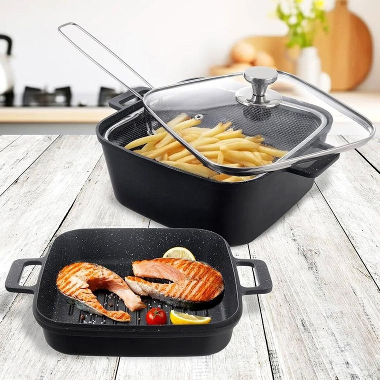 Orion, Grande, garnek granitowy, szklana pokrywka, patelnia grillowa, koszyczek, 2+4l, 4 elementy