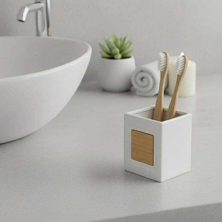 Orion, kubek łazienkowy, dolomitowy, bambusowy, biały