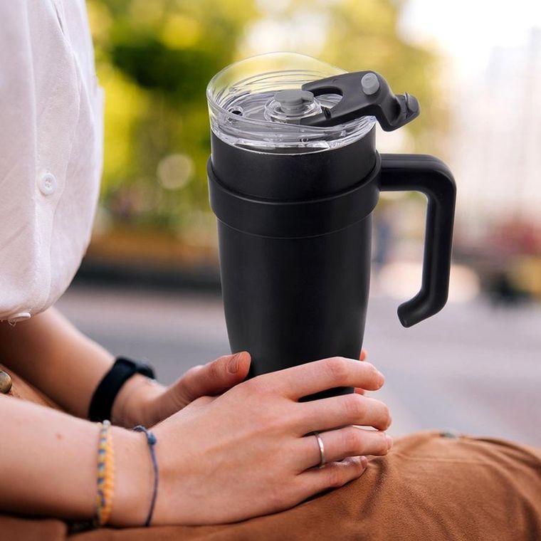 Orion, kubek termiczny z uchwytem, stalowy, czarny, 1,2l