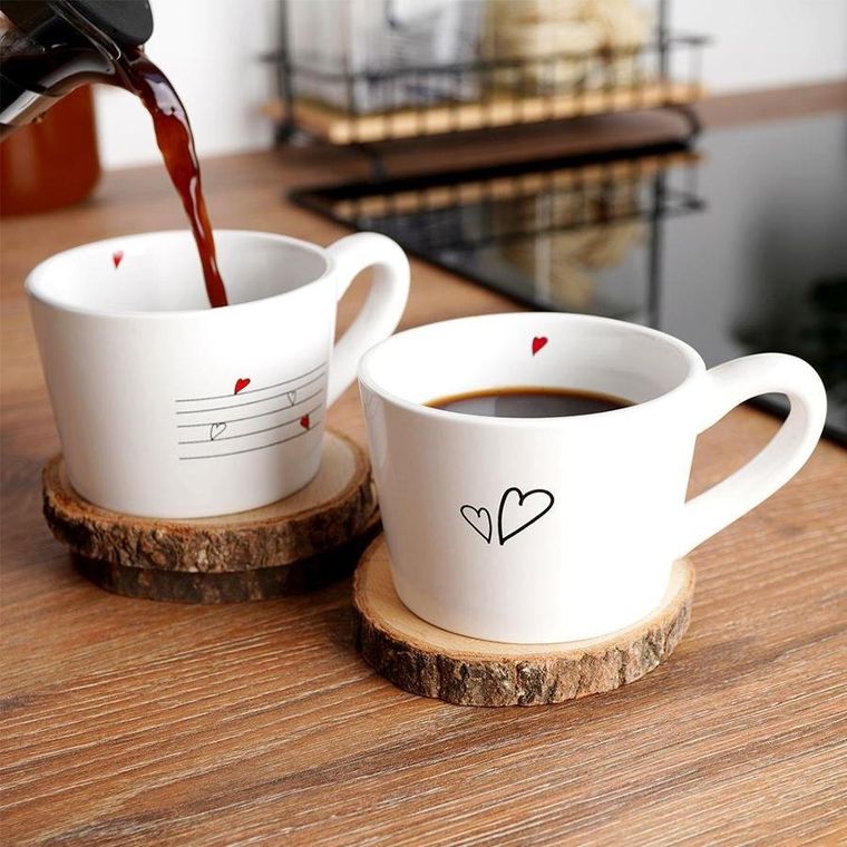 Orion, kubki / filiżanki z uchem ceramiczne białe, Serduszka, 2 szt., 210 ml