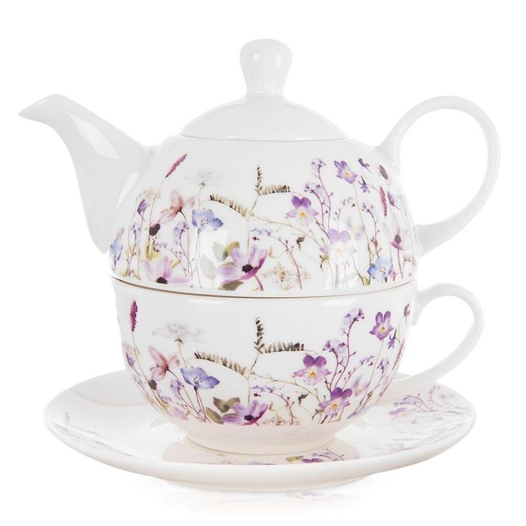 Orion, Louka, dzbanek z filiżanką do herbaty, porcelanowy, kwiaty, 3 elementy