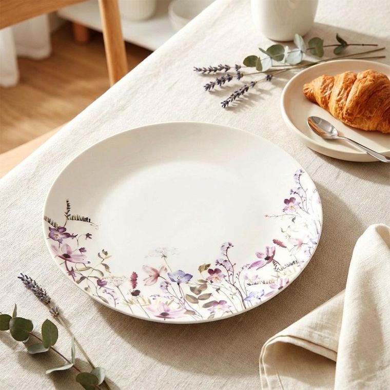 Orion, Louka, talerz obiadowy płytki, porcelanowy, biały, kwiaty, 27 cm