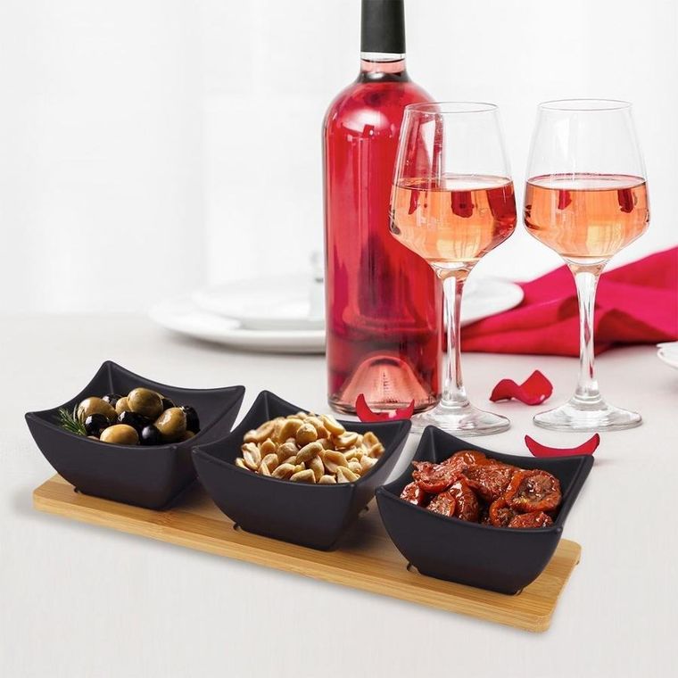 Orion, miseczki na przekąski porcelanowe czarne na tacy, 31.5 cm, 4 el.