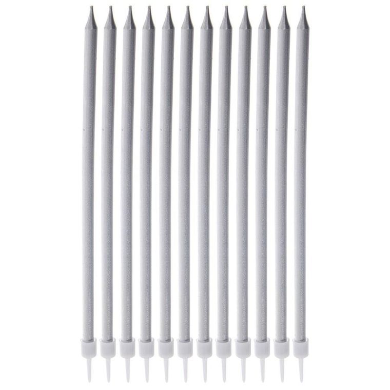 Orion, świeczki do tortu, srebrne, długie, 14.5 cm, 12 szt.