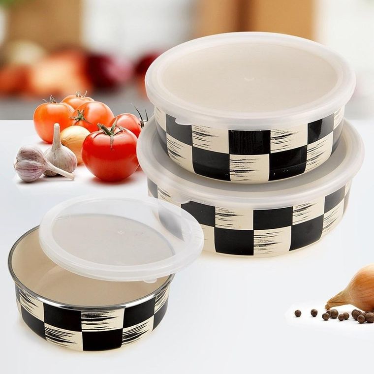 Orion, Szachownica, miska emaliowana z pokrywką, 15,5 cm, 800 ml