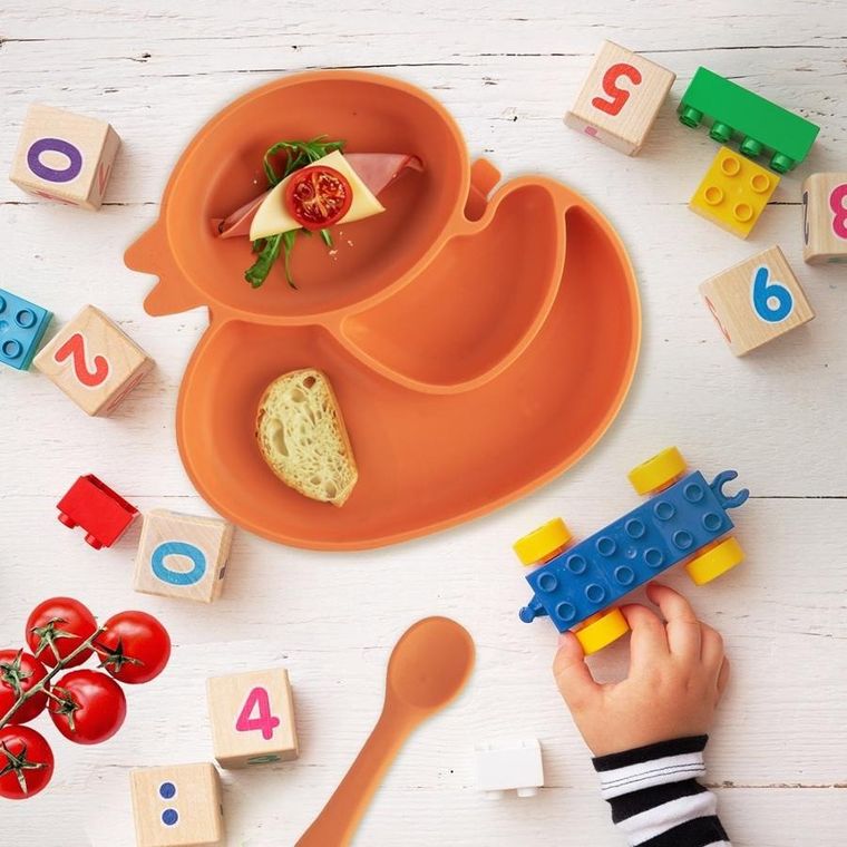 Orion, talerz dla dziecka, silikonowy, dzielony, pomarańczowa kaczka, 19,5-19 cm