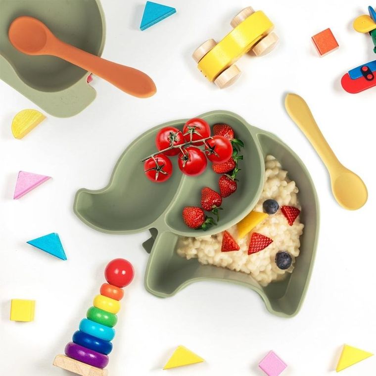 Orion, talerz dla dziecka, silikonowy, dzielony, zielony słonik, 23,5-19-3,5 cm