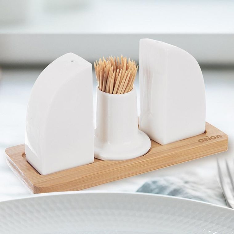 Orion, Whiteline, solniczka i pieprzniczka porcelanowa, ze stojakiem, 4 el.