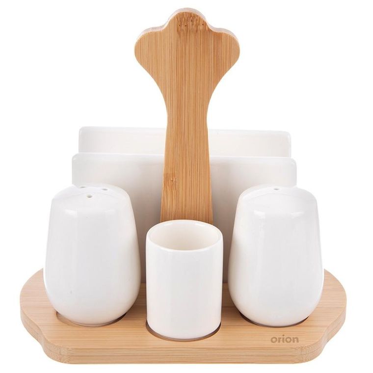 Orion, Whiteline, solniczka i pieprzniczka, porcelanowa, ze stojakiem i serwetnikiem, 5 elementów