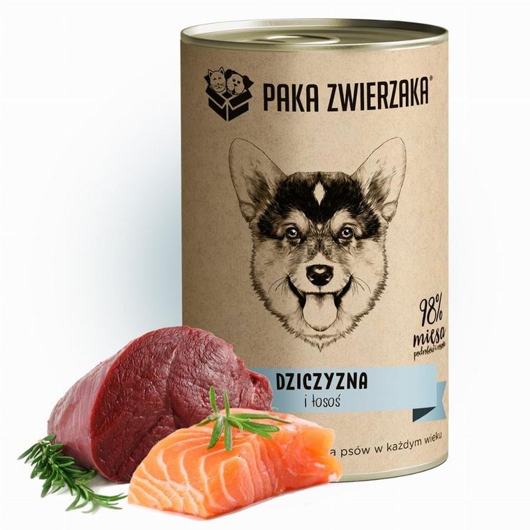 Paka Zwierzaka, dziczyzna i łosoś, mokra karma dla psów, 400g