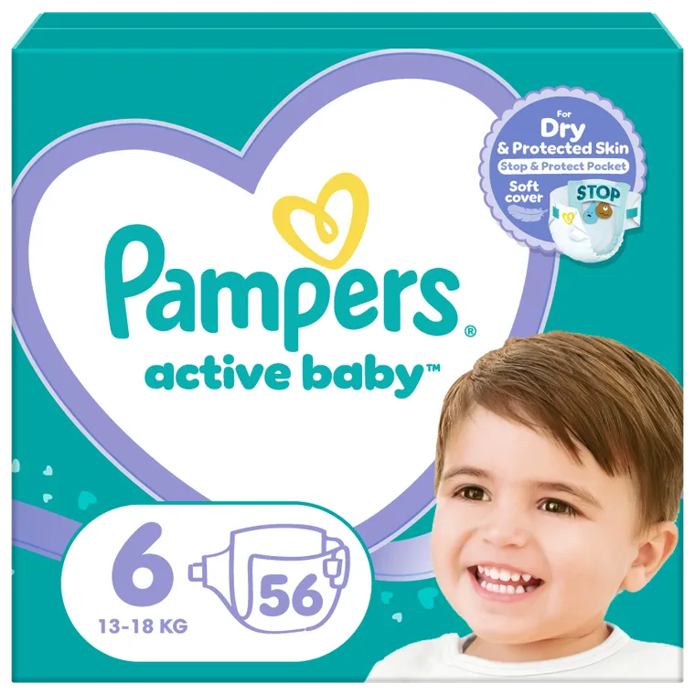 Pampers, Active Baby, pieluchy jednorazowe, rozmiar 6, 13-18 kg, 56 szt.