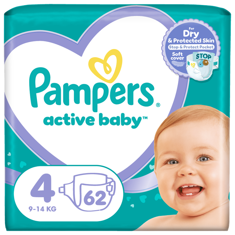Pampers, Active Baby, pieluszki, rozmiar 4, 9-14 kg, 62 szt.