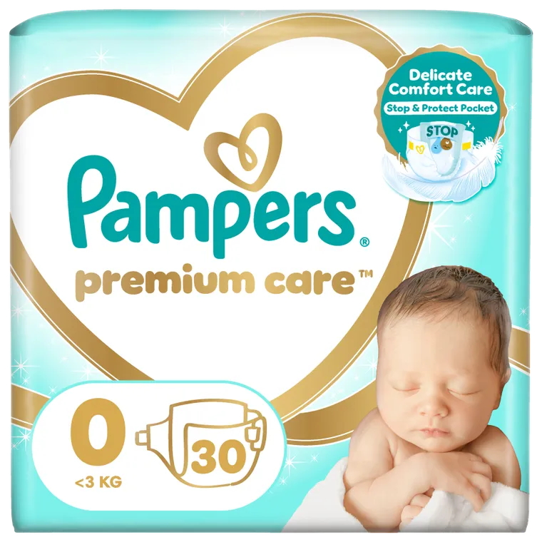 Pampers, Premium Care, pieluchy jednorazowe, rozmiar 0, do 3 kg, 30 szt.