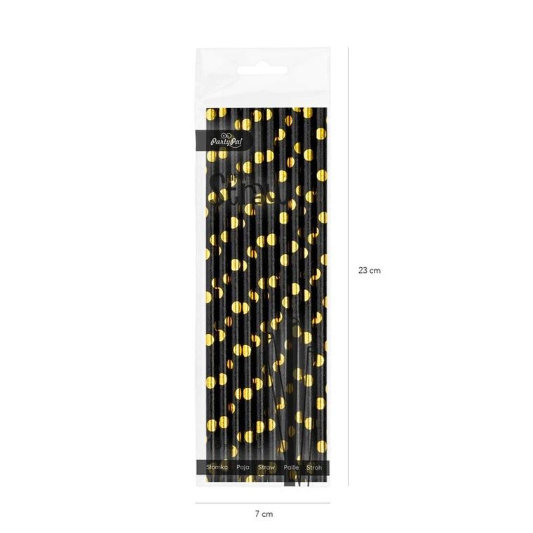 Papierowe słomki, czarne, złote kropki