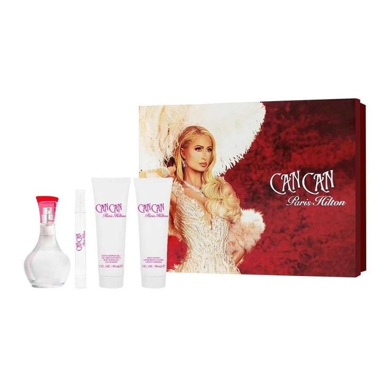 Paris Hilton, Can Can, zestaw: woda perfumowana, spray, 100 ml + balsam do ciała, 90 ml + żel pod prysznic, 90 ml + woda perfumowana, spray, 10 ml