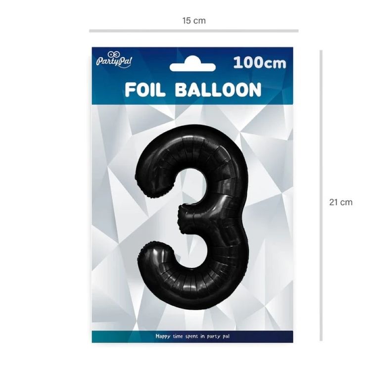 Party Tino, balon foliowy, cyfra 3, czarny, 100 cm