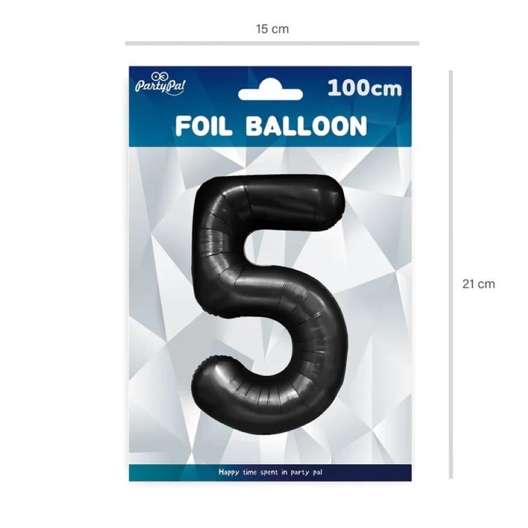 Party Tino, balon foliowy, cyfra 5, czarny, 100 cm