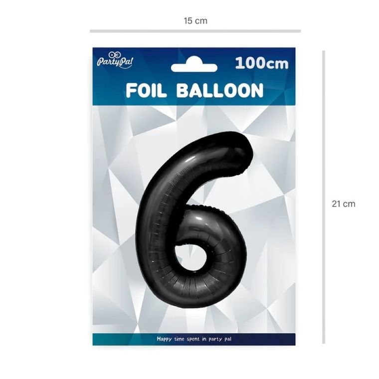 Party Tino, balon foliowy, cyfra 6, czarny, 100 cm