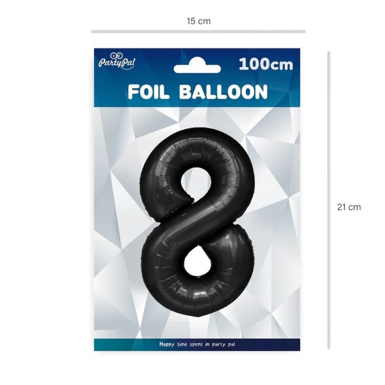 Party Tino, balon foliowy, cyfra 8, czarny, 100 cm