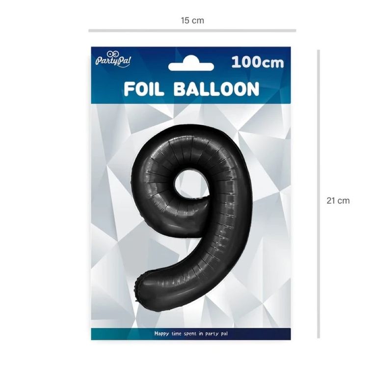 Party Tino, balon foliowy, cyfra 9, czarny, 100 cm