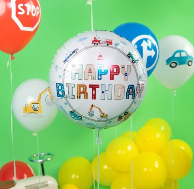 Party Tino, balon, Happy Birthday, pojazdy, 45 cm
