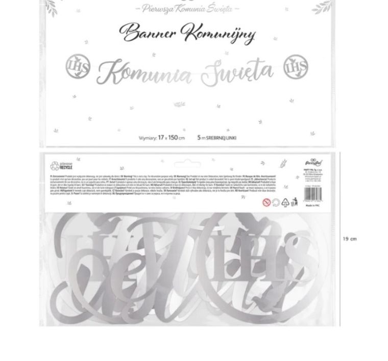 Party Tino, baner, Komunia Święta, IHS, srebrny, 150 cm