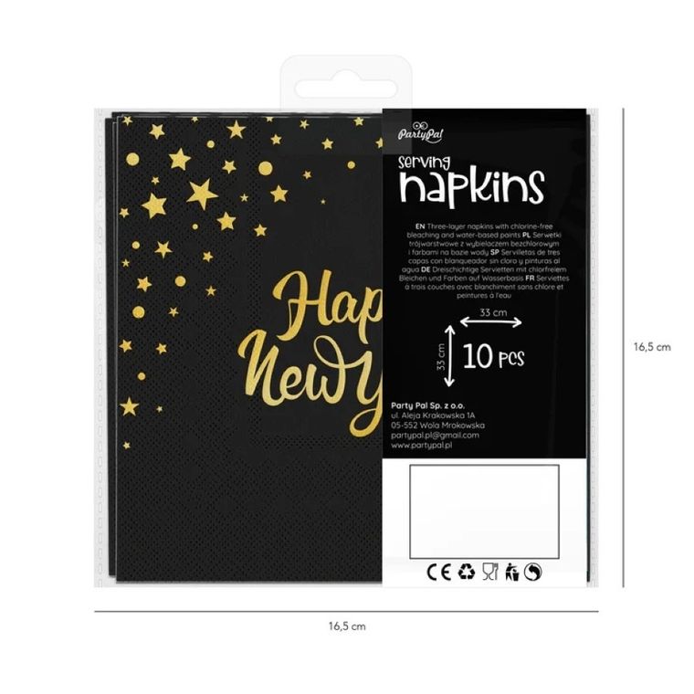 Party Tino, serwetki papierowe, Happy New Year, czarne, 33-33 cm, 10 szt.