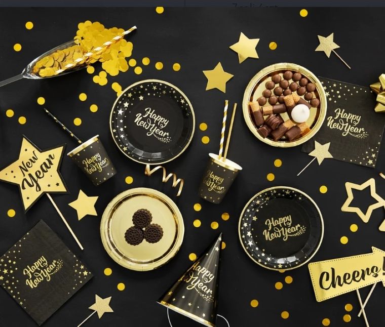 Party Tino, talerzyki papierowe, Happy New Year, czarne w złote gwiazdki, Ø 15 cm, 6 szt.