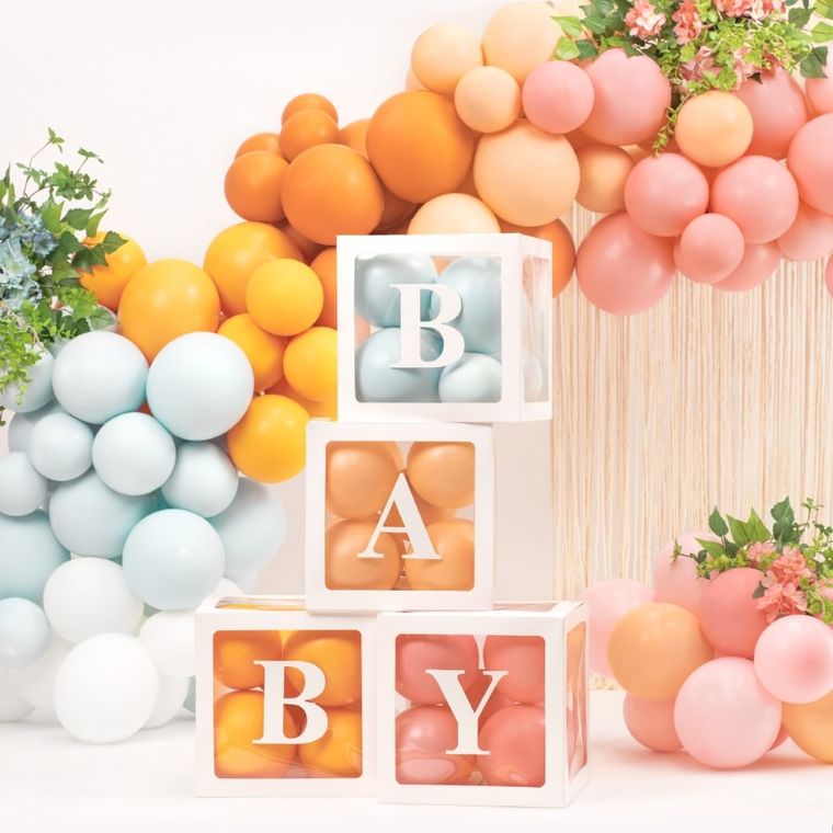 PartyDeco, BABY, pudełka na balony, z literkami, białe, 30-30 cm, 4 szt.