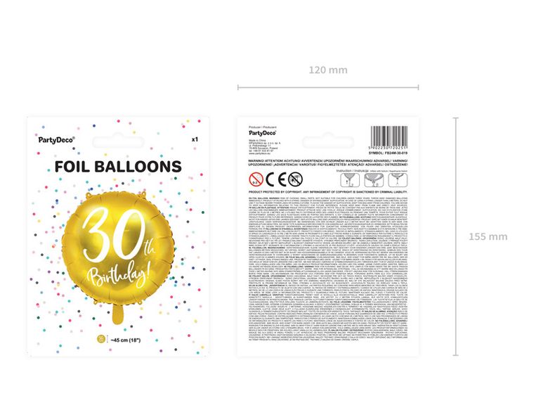 PartyDeco, balon foliowy, 30th Birthday, 45 cm, złoty