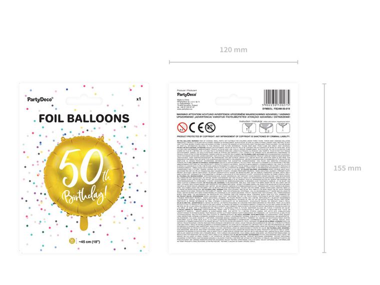 PartyDeco, balon foliowy, 50th Birthday, 45 cm, złoty