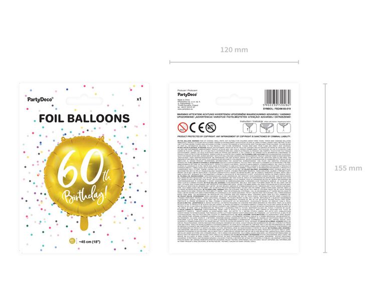 PartyDeco, balon foliowy, 60th Birthday, 45 cm, złoty
