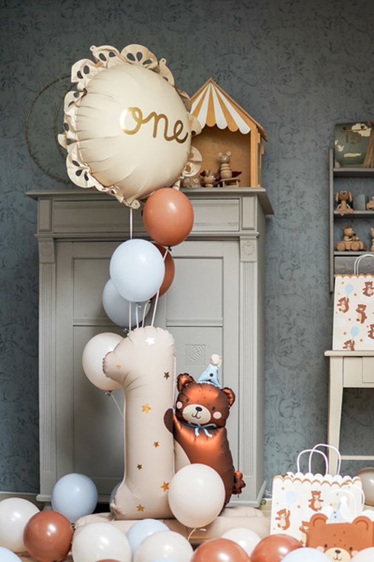 PartyDeco, balon foliowy, cyfra 1, 81-72 cm, beżowy z misiem, 1 szt.