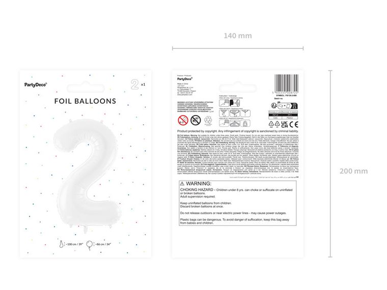 PartyDeco, balon foliowy, cyfra "2", 86 cm, biały, 1 szt.