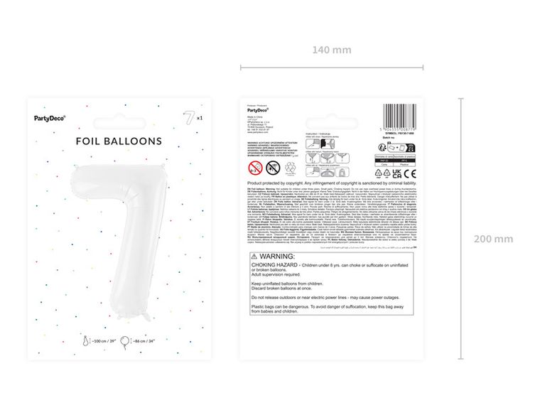 PartyDeco, balon foliowy, cyfra "7", 86 cm, biały, 1 szt.