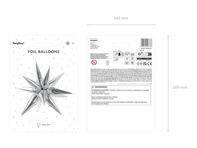 PartyDeco, balon foliowy Gwiazda 3D, 70 cm, srebrny, 1 szt.