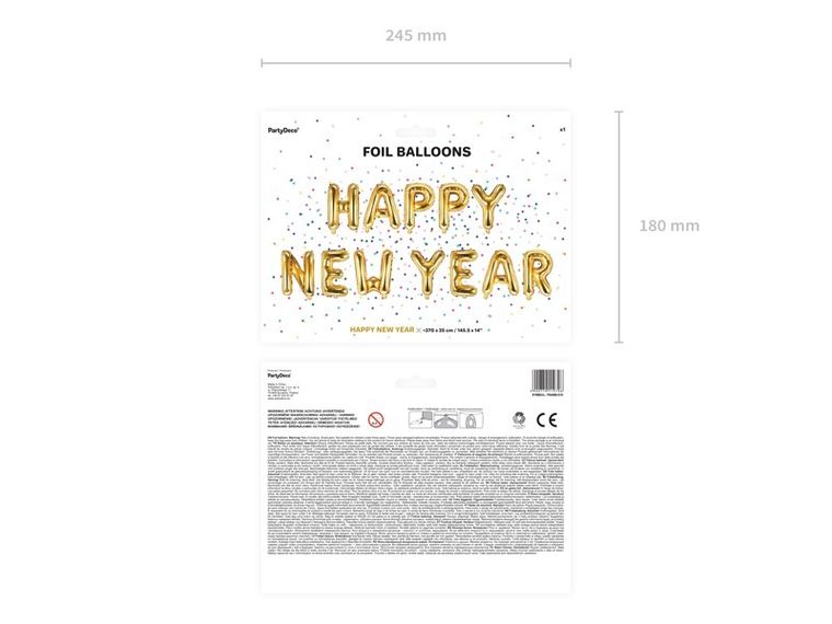 PartyDeco, balon foliowy, Happy New Year, 370-35 cm, złoty