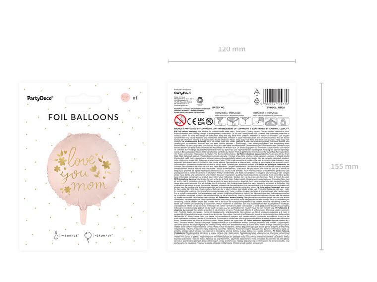 PartyDeco, balon foliowy "Love you mom", 45 cm, różowy, 1 szt.