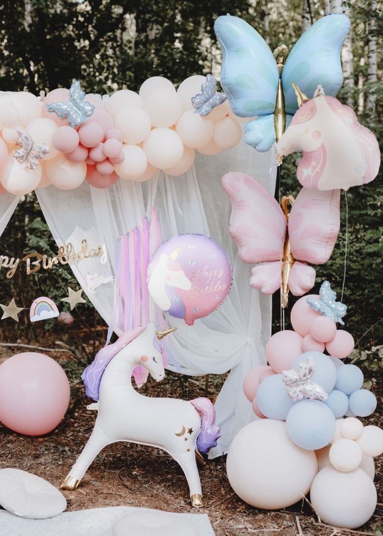 PartyDeco, balon foliowy, pastylka, Happy Birthday z jednorożcem, 35-35 cm