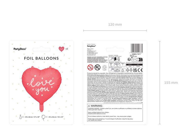 PartyDeco, balon foliowy Serce "I love you", 45 cm, mix, 1 szt.