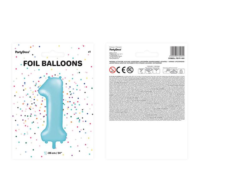 PartyDeco, balon foliowy, w kształcie cyfry 1, 86 cm, jasny niebieski