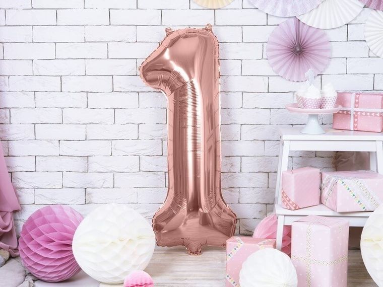 PartyDeco, balon foliowy, w kształcie cyfry 1, 86 cm, różowe złoto