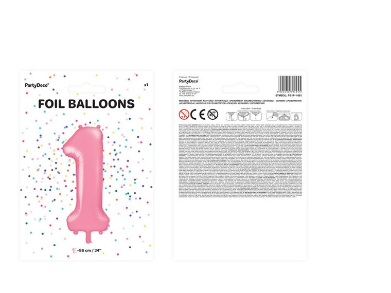 PartyDeco, balon foliowy, w kształcie cyfry 1, 86 cm, różowy