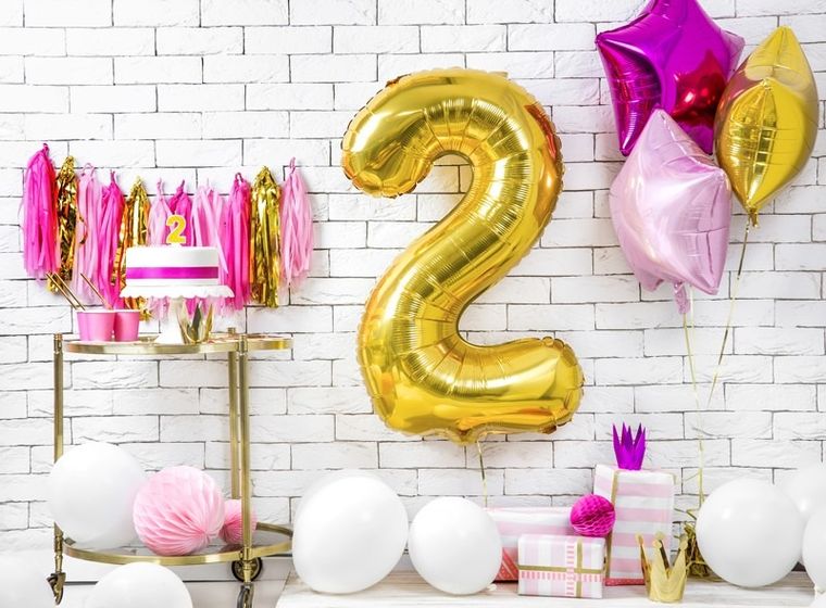 PartyDeco, balon foliowy, w kształcie cyfry 2,złoty, 86 cm